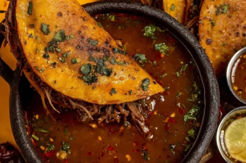 Delicious birria tacos served with consomé for dipping.