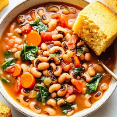 Bowl of homemade black eyed pea soup with vegetables and herbs