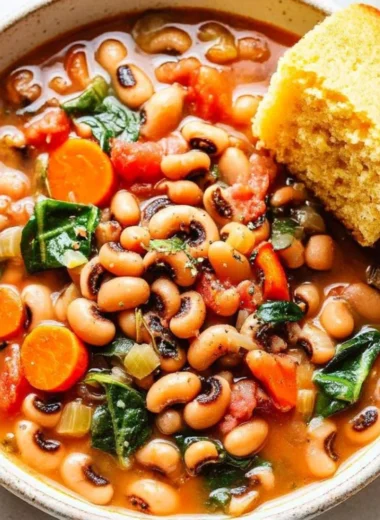 Bowl of homemade black eyed pea soup with vegetables and herbs