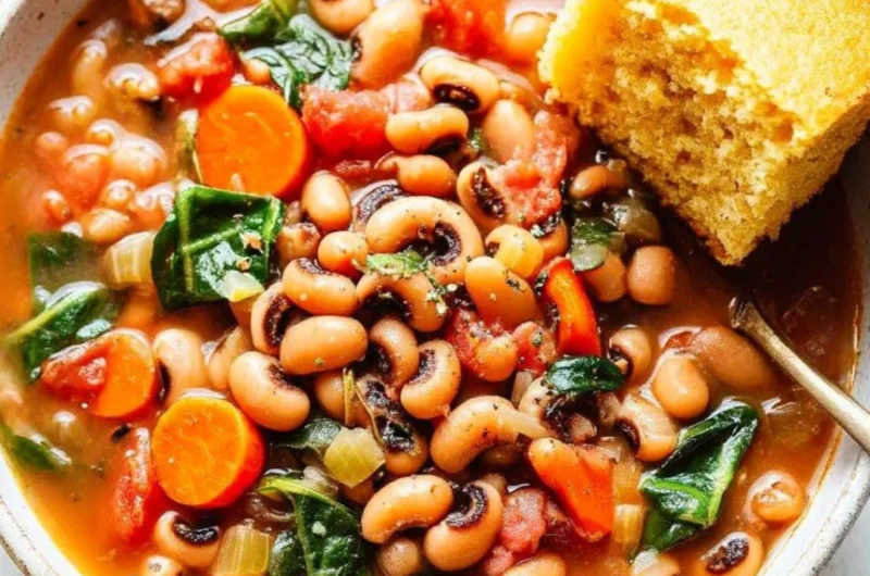 Bowl of homemade black eyed pea soup with vegetables and herbs