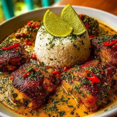 Delicious Brazilian Coconut Chicken served with fresh herbs and tropical garnishes.