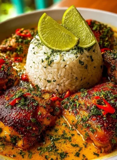 Delicious Brazilian Coconut Chicken served with fresh herbs and tropical garnishes.