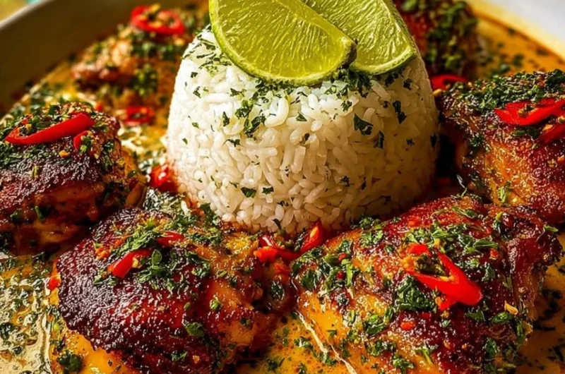 Delicious Brazilian Coconut Chicken served with fresh herbs and tropical garnishes.