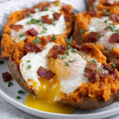 Healthy breakfast sweet potato dish with toppings for a nutritious meal