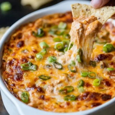 Delicious creamy Buffalo Chicken Dip with melted cheese and chicken