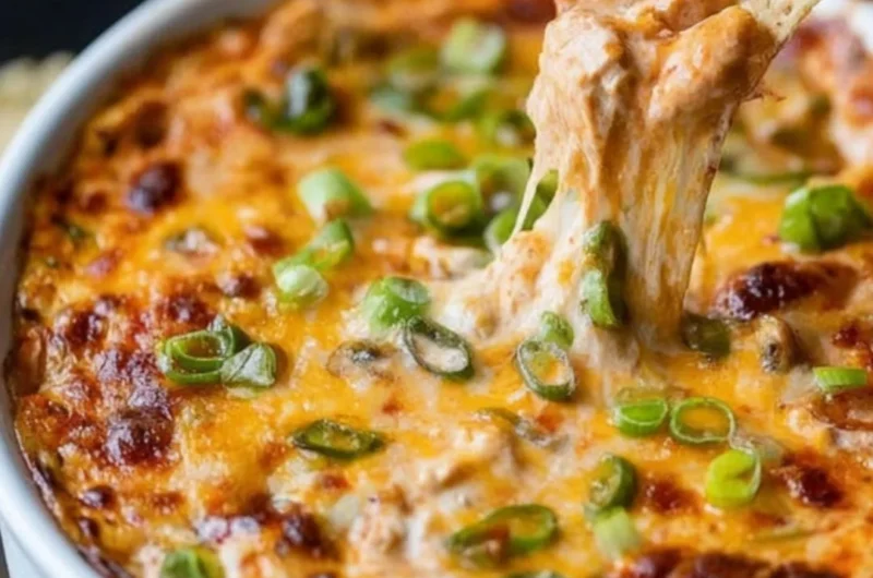 Delicious creamy Buffalo Chicken Dip with melted cheese and chicken