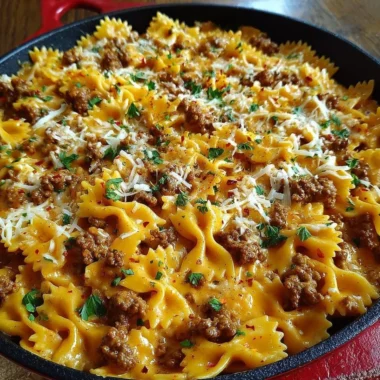 Cajun Cream Cheese Alfredo Bowties with spiced ground beef in a creamy sauce