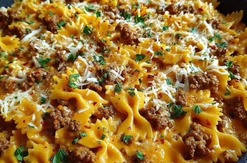 Cajun Cream Cheese Alfredo Bowties with spiced ground beef in a creamy sauce