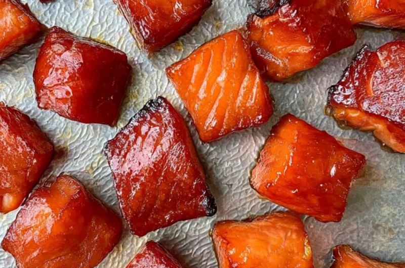 Appetizing candied smoked salmon bites on a serving platter