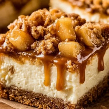 Delicious caramel apple cheesecake bars with a creamy texture and apple topping.