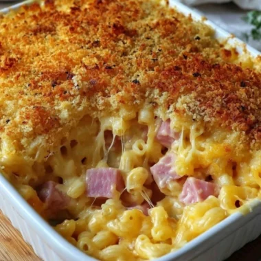 Cheddar and Ham Macaroni Bake in a baking dish
