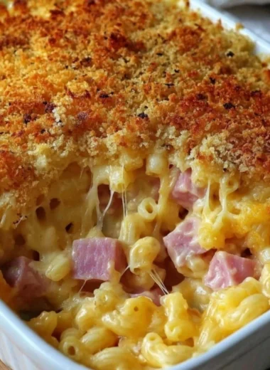 Cheddar and Ham Macaroni Bake in a baking dish