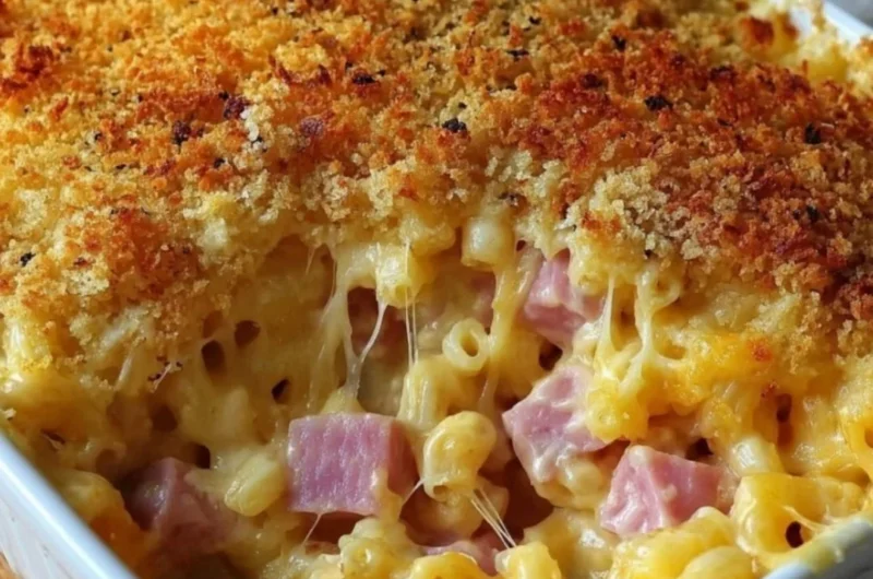 Cheddar and Ham Macaroni Bake in a baking dish