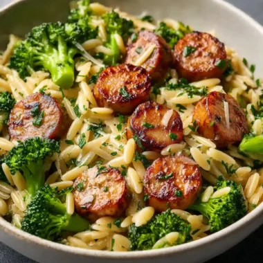 Chicken sausage and broccoli orzo dish garnished with herbs