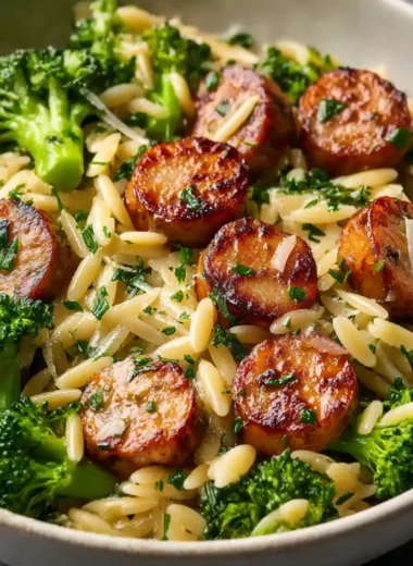 Chicken sausage and broccoli orzo dish garnished with herbs