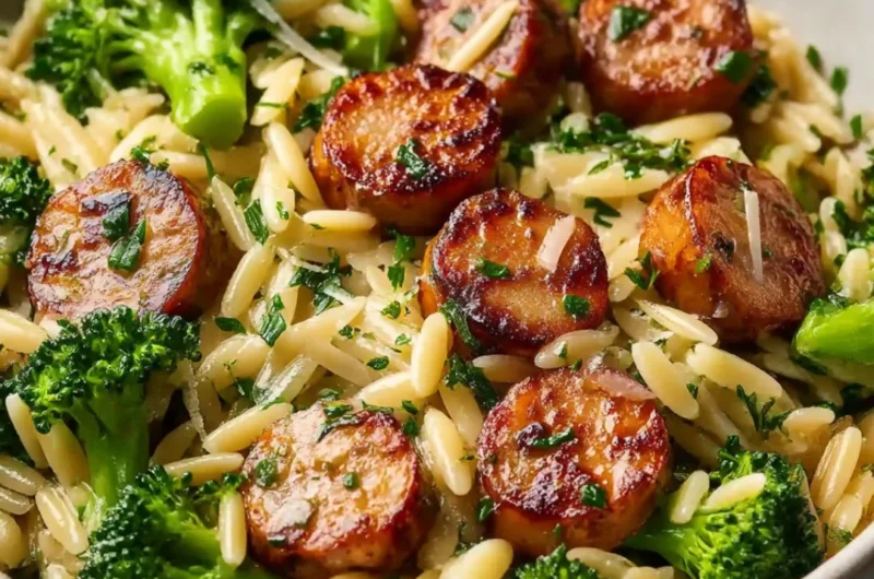Chicken sausage and broccoli orzo dish garnished with herbs