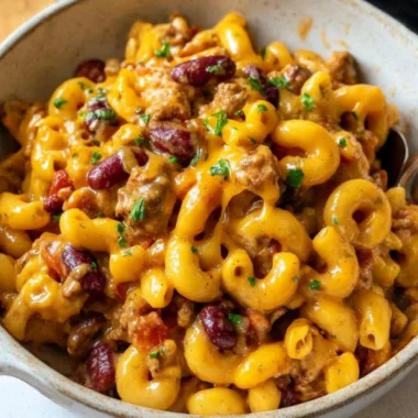 Bowl of Chili Mac and Cheese topped with cheese and herbs