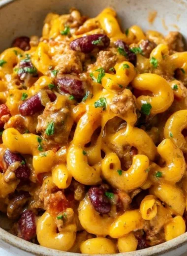 Bowl of Chili Mac and Cheese topped with cheese and herbs