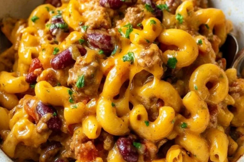 Bowl of Chili Mac and Cheese topped with cheese and herbs