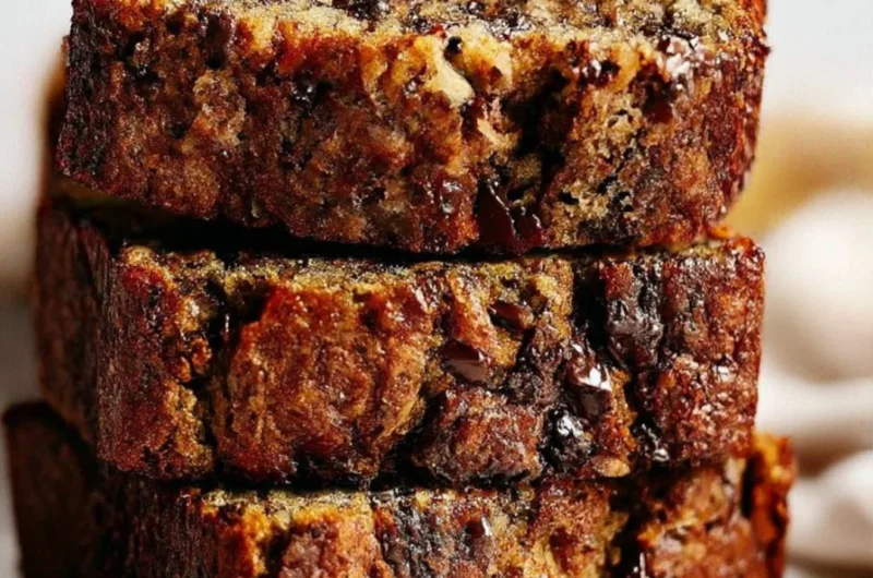 Slice of homemade chocolate chip banana bread with chocolate morsels