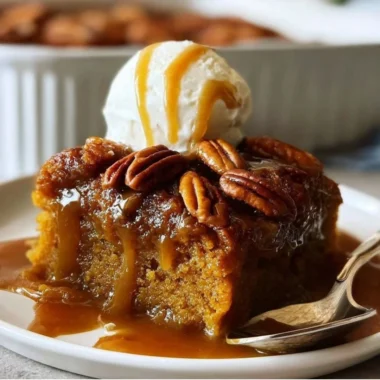 Delicious Cinnamon Pumpkin Pecan Cobbler topped with pecans and cinnamon