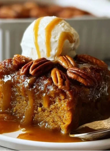 Delicious Cinnamon Pumpkin Pecan Cobbler topped with pecans and cinnamon