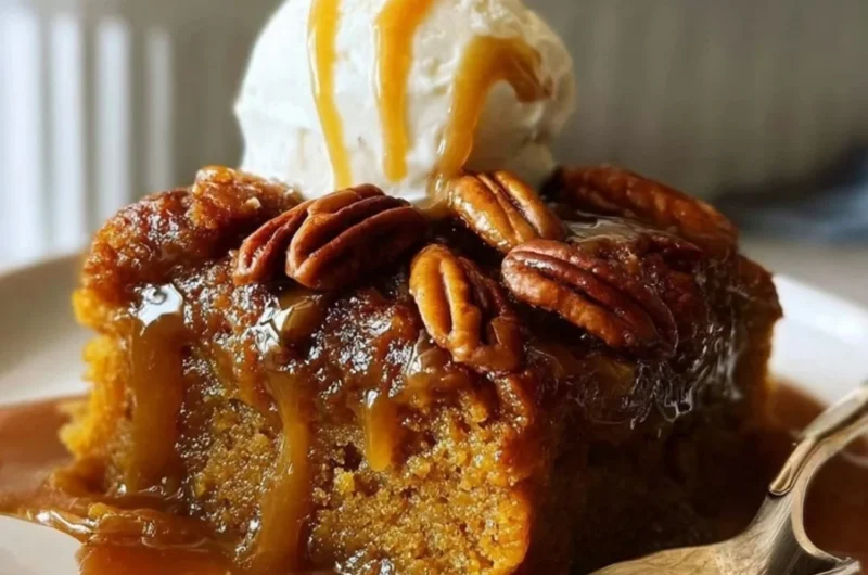 Delicious Cinnamon Pumpkin Pecan Cobbler topped with pecans and cinnamon