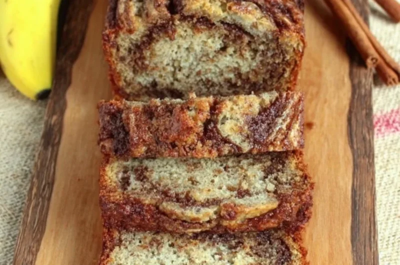 Freshly baked cinnamon swirl banana bread with warm spices and ripe bananas.
