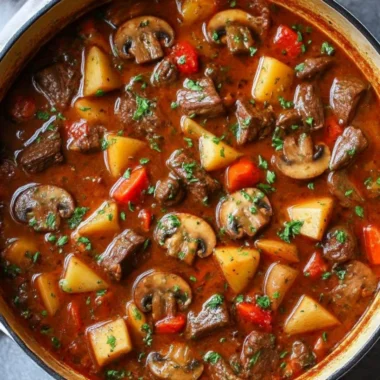 Classic beef stew simmering with red wine and vegetables in a pot