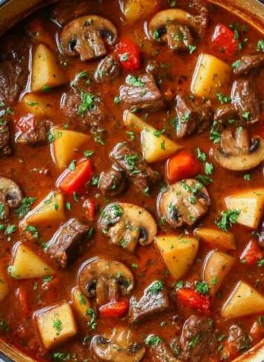 Classic beef stew simmering with red wine and vegetables in a pot