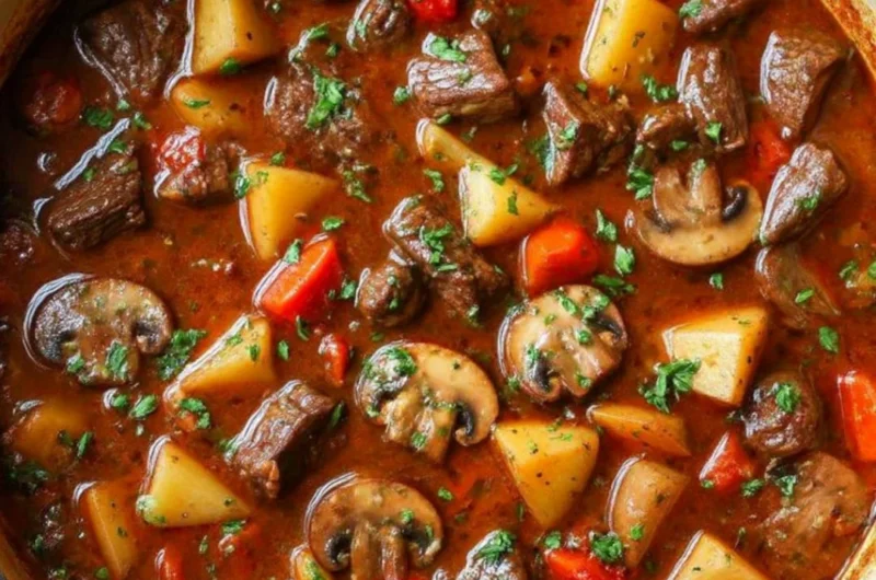 Classic beef stew simmering with red wine and vegetables in a pot