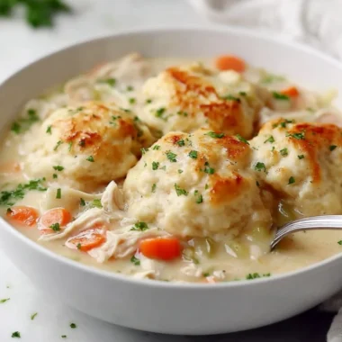 Delicious plate of classic chicken and dumplings served with flaky biscuits.