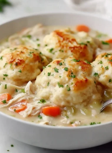 Delicious plate of classic chicken and dumplings served with flaky biscuits.