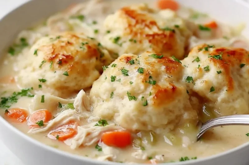 Delicious plate of classic chicken and dumplings served with flaky biscuits.