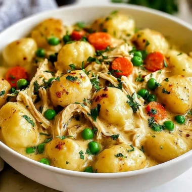 Bowl of Classic Chicken and Dumplings with Gnocchi, garnished with herbs.