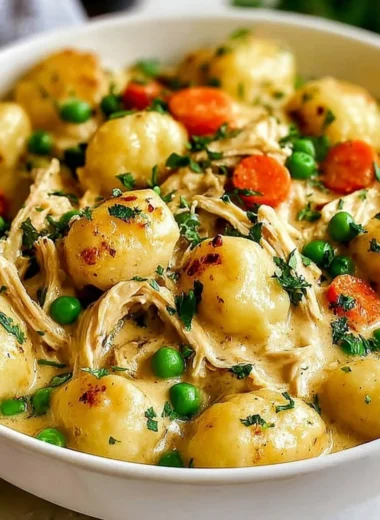 Bowl of Classic Chicken and Dumplings with Gnocchi, garnished with herbs.