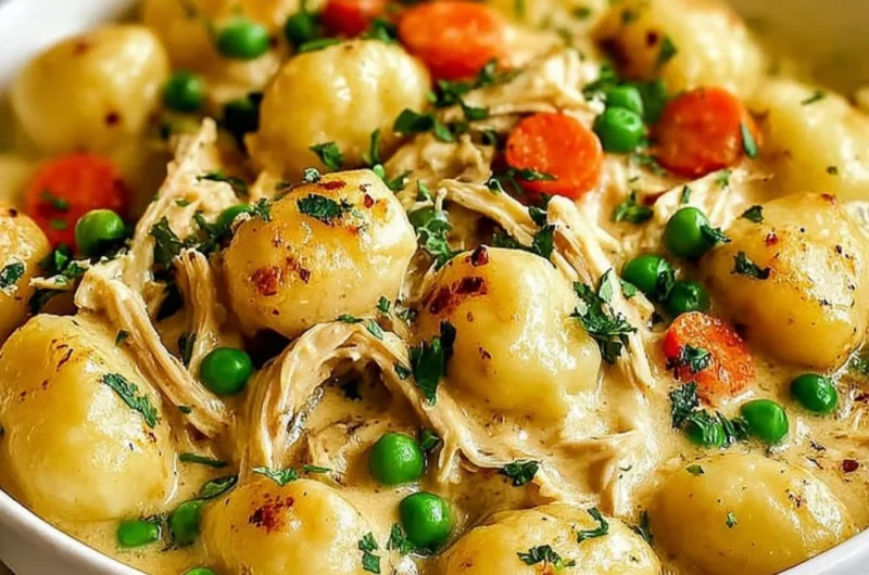 Bowl of Classic Chicken and Dumplings with Gnocchi, garnished with herbs.
