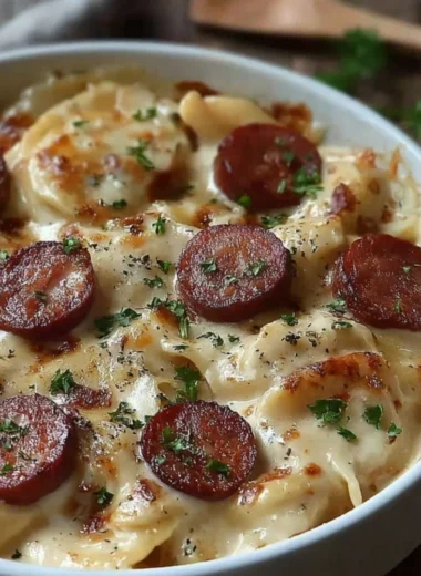 Classic Crockpot Pierogi Casserole with Kielbasa dish