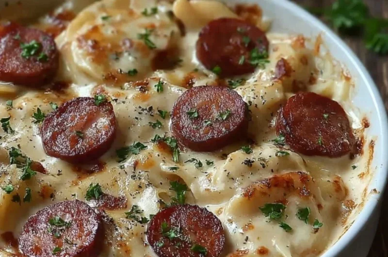 Classic Crockpot Pierogi Casserole with Kielbasa dish