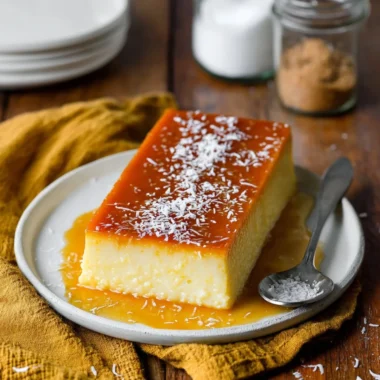 Delicious coconut flan dessert topped with caramel and coconut flakes