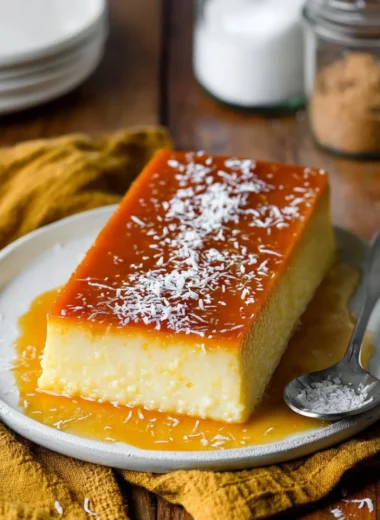 Delicious coconut flan dessert topped with caramel and coconut flakes