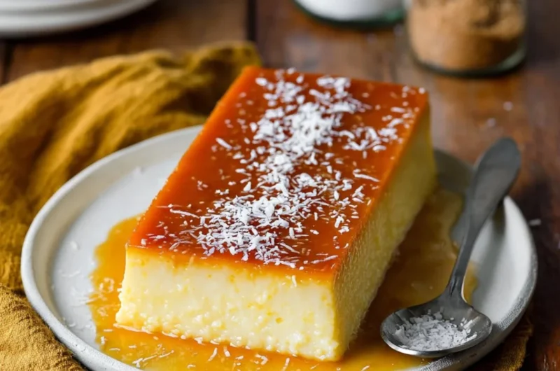 Delicious coconut flan dessert topped with caramel and coconut flakes