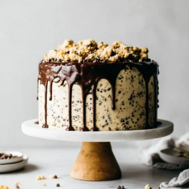 Delicious homemade Cookie Dough Cake with chocolate chips and frosting