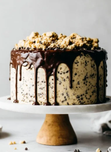 Delicious homemade Cookie Dough Cake with chocolate chips and frosting