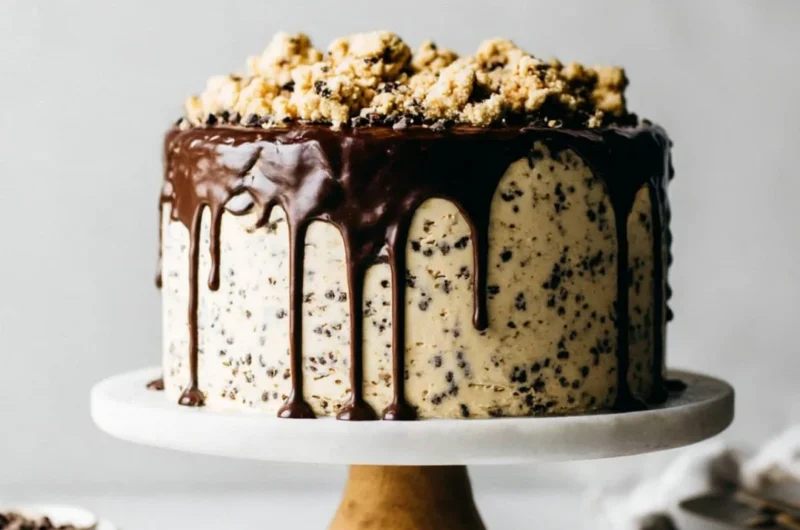 Delicious homemade Cookie Dough Cake with chocolate chips and frosting