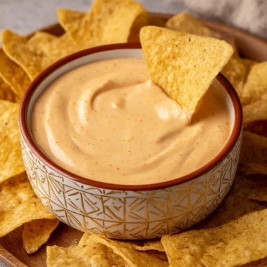 Delicious Cottage Cheese Queso Dip in a bowl served with tortilla chips