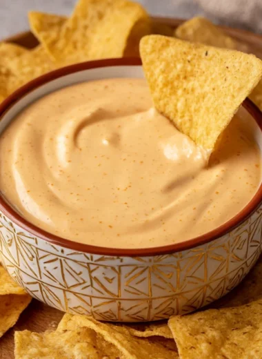 Delicious Cottage Cheese Queso Dip in a bowl served with tortilla chips