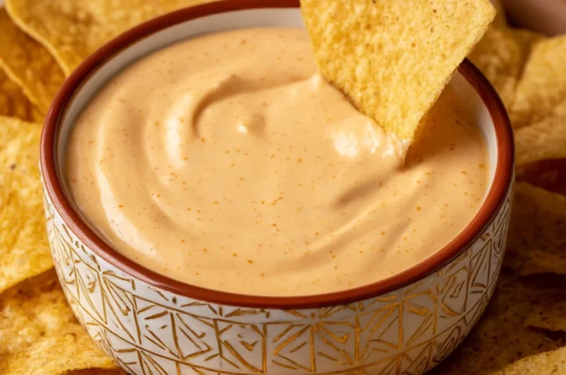 Delicious Cottage Cheese Queso Dip in a bowl served with tortilla chips