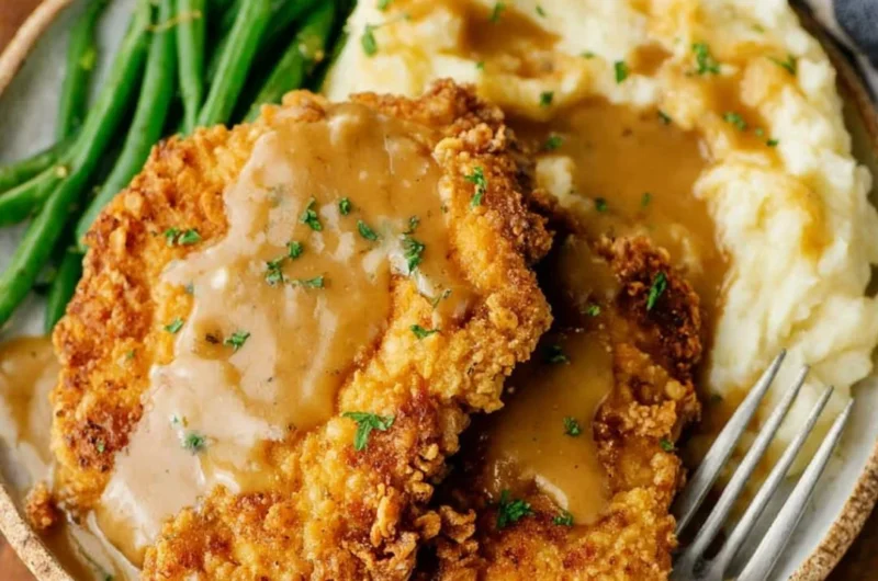 Delicious country fried chicken breast served with sides