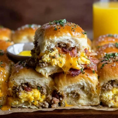 Cowboy breakfast sliders stacked with eggs, bacon, and cheese in a soft bun.